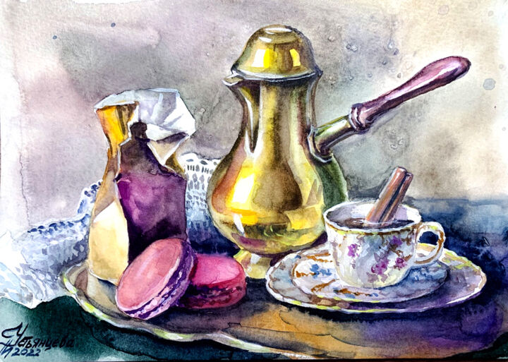 Peinture intitulée "Coffee time waterco…" par Tatyana Ustyantseva, Œuvre d'art originale, Aquarelle