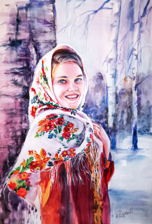 Painting titled "Woman in a headscar…" by Tatyana Ustyantseva, Original Artwork, Watercolor