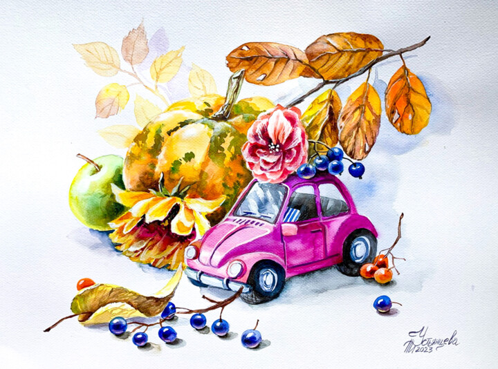 Malerei mit dem Titel "autumn painting" von Tatyana Ustyantseva, Original-Kunstwerk, Aquarell