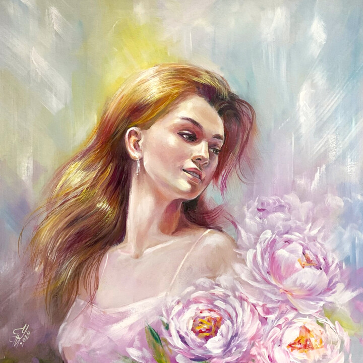 Malerei mit dem Titel "Woman and peonies" von Tatyana Ustyantseva, Original-Kunstwerk, Öl