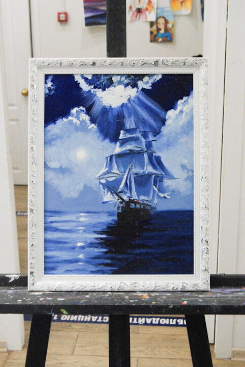 Painting titled "Boat pirate sea oil…" by Tata Vo, Original Artwork, Oil