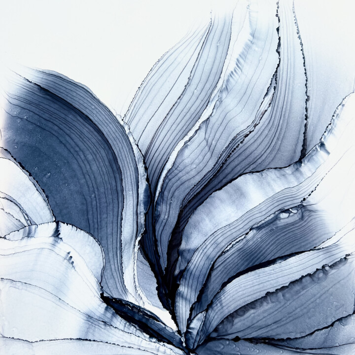 Painting titled "Gray Flower" by Tati, Original Artwork, Ink Mounted on Other rigid panel