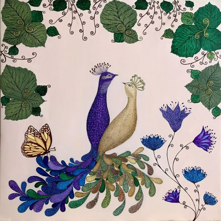 Картина под названием "“Paradise birds“" - Tatia Tsindeliani, Подлинное произведение искусства, Акрил