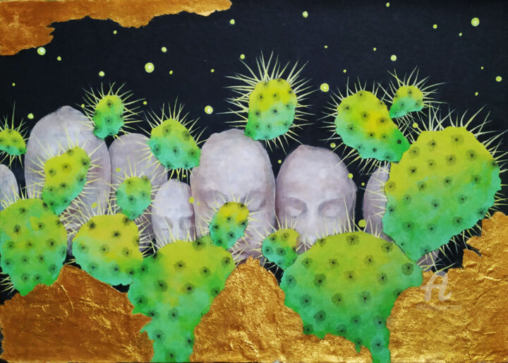 Collagen mit dem Titel "Cacti" von Tatia Bakuradze, Original-Kunstwerk, Acryl