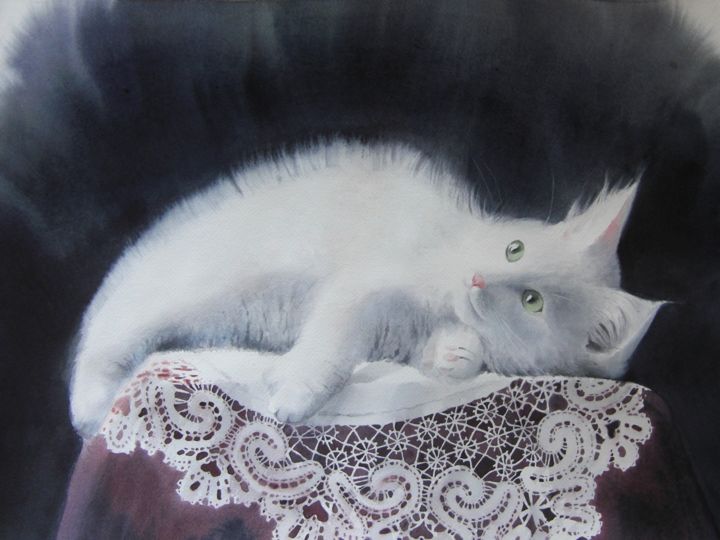Malerei mit dem Titel ""Katze"; "Кошка"" von Tatiana Bechtgold, Original-Kunstwerk, Aquarell