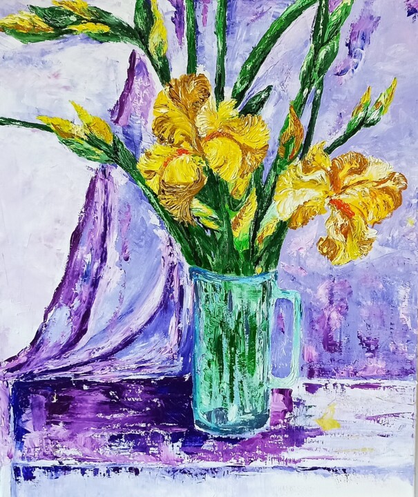 Painting titled "IRISES" by Tatiana Brester, Original Artwork, Oil Mounted on Wood Stretcher frame