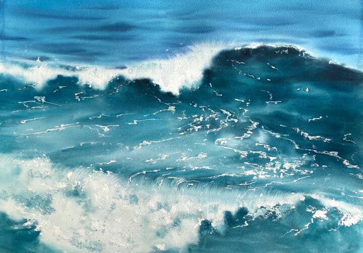Painting titled "Red Sea, waves and…" by Tatiana Bykova, Original Artwork, Watercolor