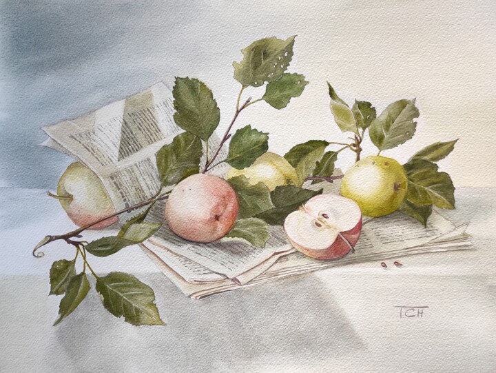 Painting titled "Яблоки на газете" by Tatiana Chernetsova, Original Artwork, Watercolor