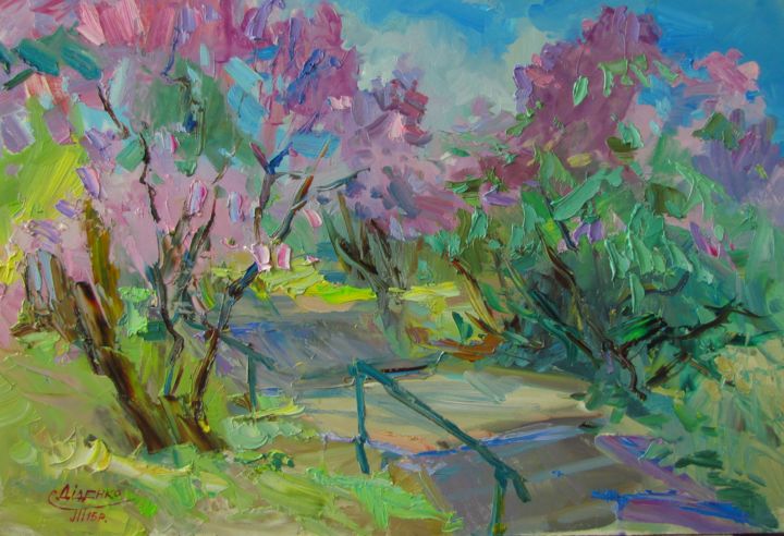 「" Lilac Garden"」というタイトルの絵画 Tatiana Didenkoによって, オリジナルのアートワーク, オイル
