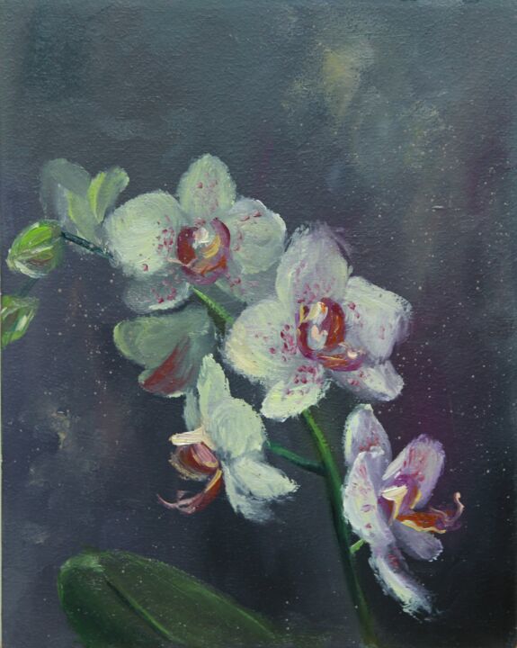 Painting titled "White Orchid" by Tatiana Dubinina, Original Artwork, Oil