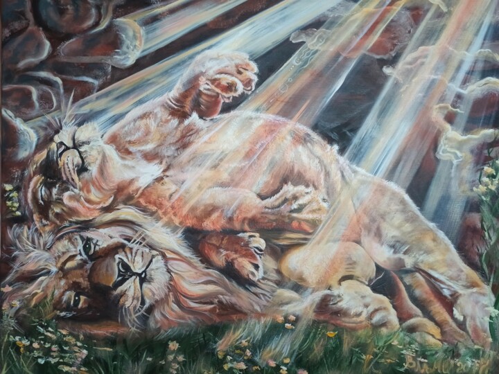 Картина под названием "Львы. Счастье." - Татьяна Федорова (Влами), Подлинное произведение искусства, Масло Установлен на Дер…
