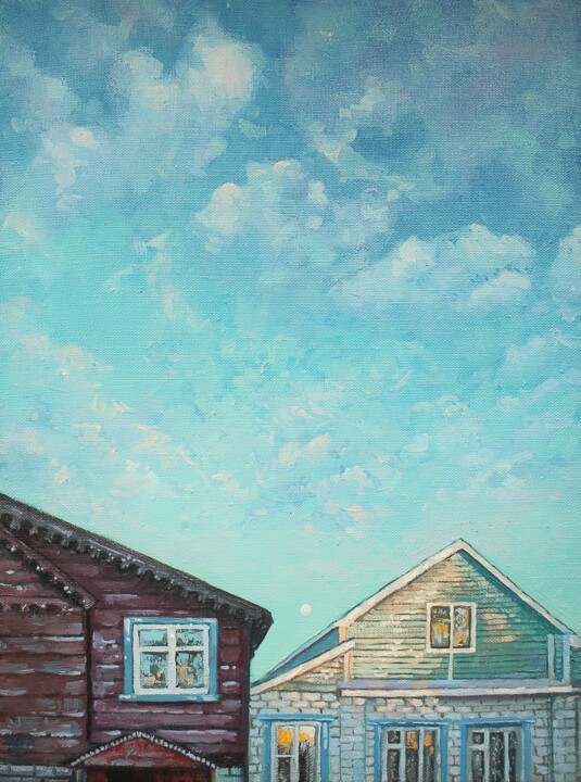 Картина под названием "Дом под Луной" - Татьяна Фëдорова, Подлинное произведение искусства, Масло