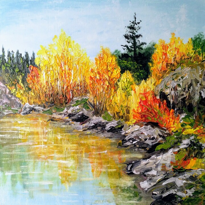 Painting titled "Autumn Lake" by Tatiana Gomzina, Original Artwork, Acrylic Mounted on Cardboard