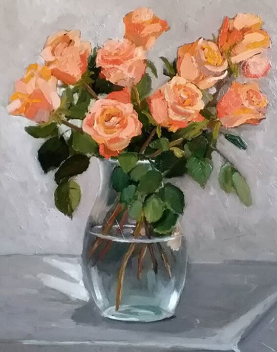 Painting titled "Orange roses" by Tatiana Karchevskaya, Original Artwork, Oil Mounted on Wood Stretcher frame
