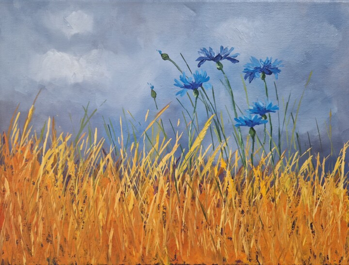 Painting titled "Cornflowers (17)" by Tatiana Karchevskaya, Original Artwork, Oil
