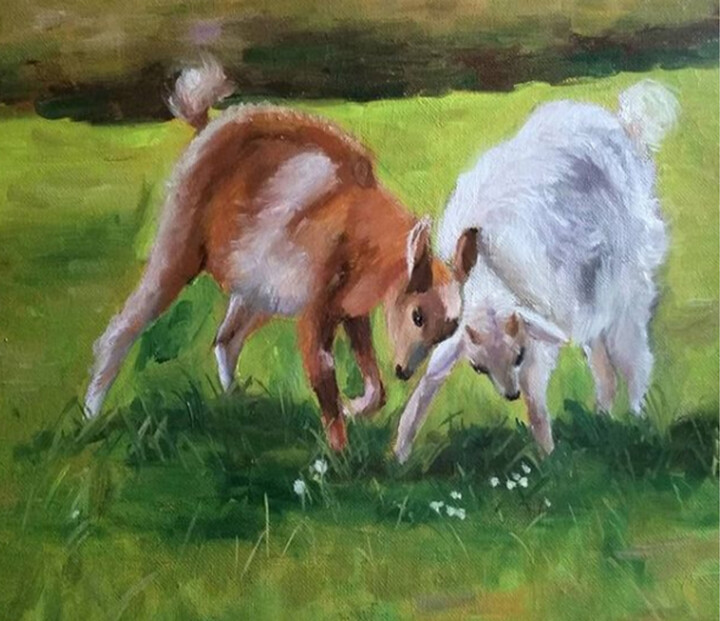 Painting titled "Little goats" by Tatiana Karchevskaya, Original Artwork, Oil Mounted on Wood Stretcher frame
