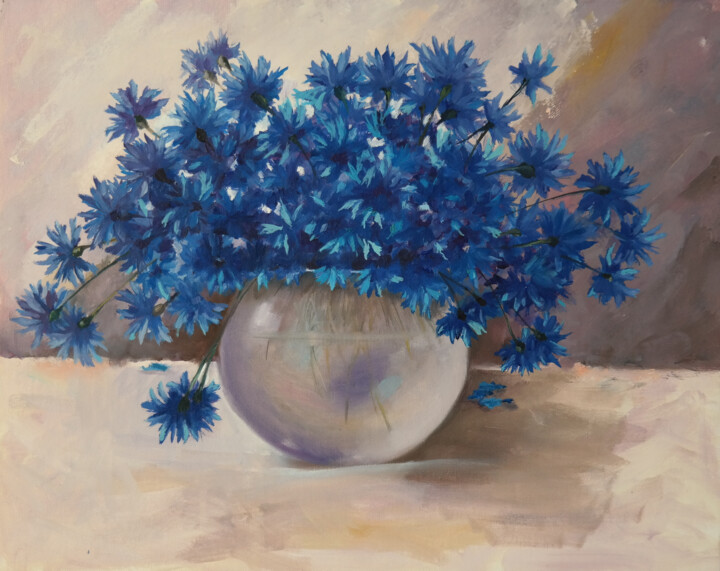 Painting titled "Cornflowers (1)" by Tatiana Karchevskaya, Original Artwork, Oil