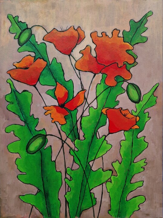 Painting titled "Bright poppies (2)" by Tatiana Karchevskaya, Original Artwork, Acrylic