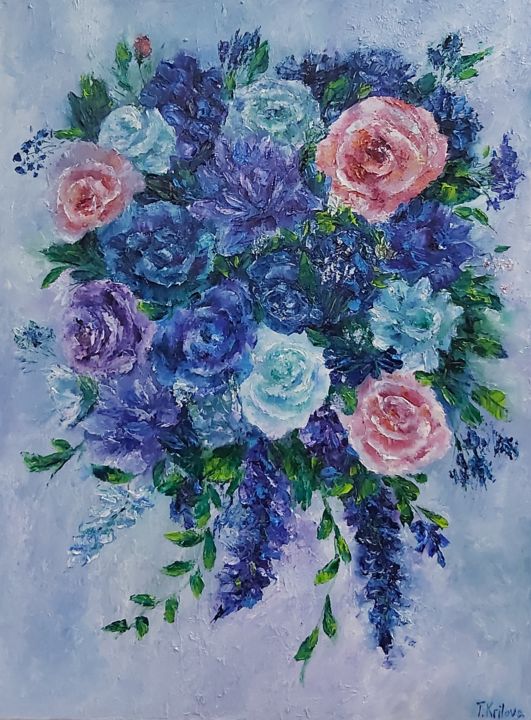 Картина под названием "Flowers painting oi…" - Tatiana Kril, Подлинное произведение искусства, Масло