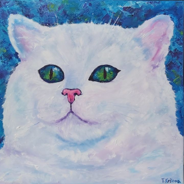 Картина под названием "White fluffy cat.Or…" - Tatiana Kril, Подлинное произведение искусства, Масло