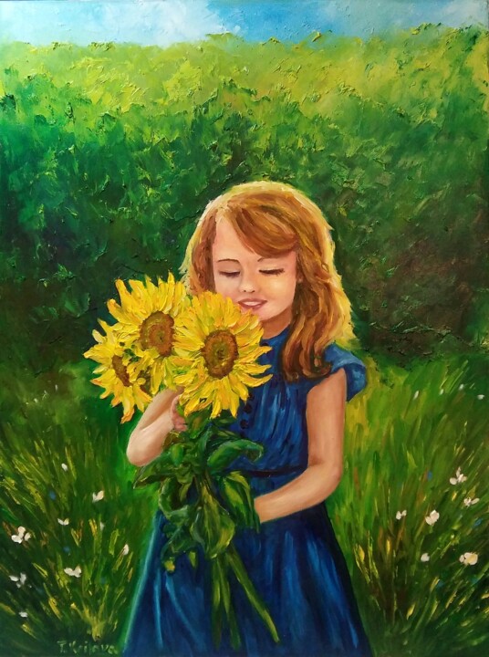 Painting titled "Girl with sunflower…" by Tatiana Krilova, Original Artwork, Oil