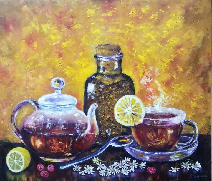 Painting titled "Tea drinking.Still…" by Tatiana Krilova, Original Artwork, Oil