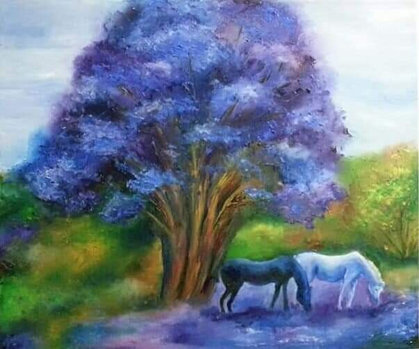 Malerei mit dem Titel "Horses and purple t…" von Tatiana Krilova, Original-Kunstwerk, Öl