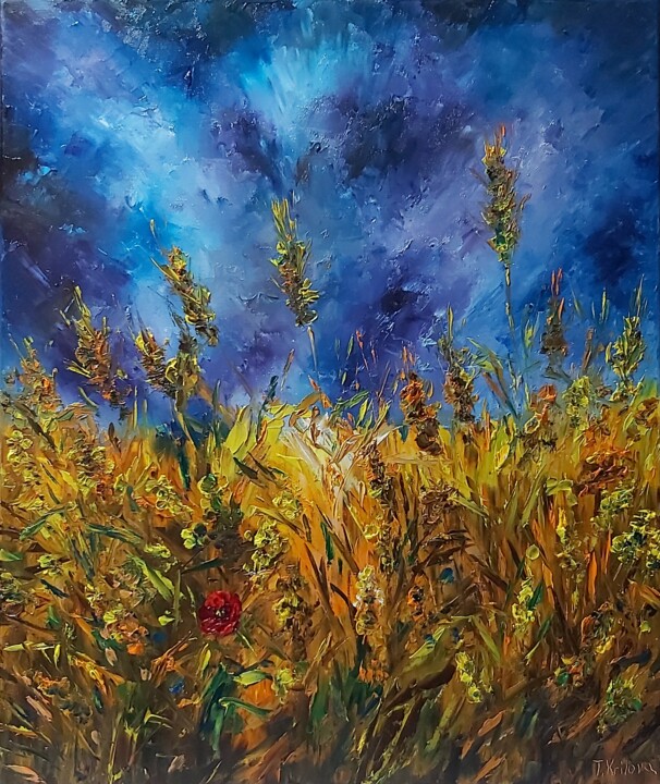 Painting titled "Wheat field.Night p…" by Tatiana Krilova, Original Artwork, Oil