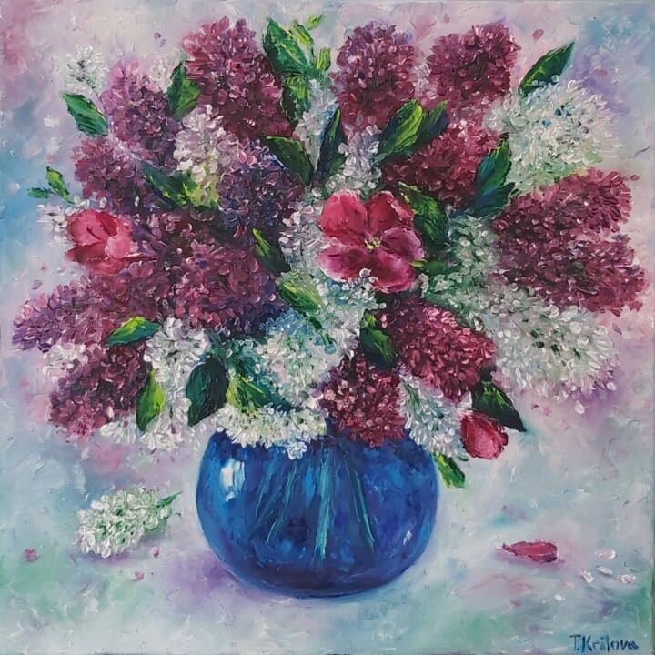 Painting titled "New lilacs in a blu…" by Tatiana Krilova, Original Artwork, Oil