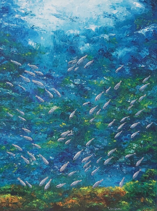 Pintura titulada "Ocean view.Fishes.O…" por Tatiana Krilova, Obra de arte original, Oleo