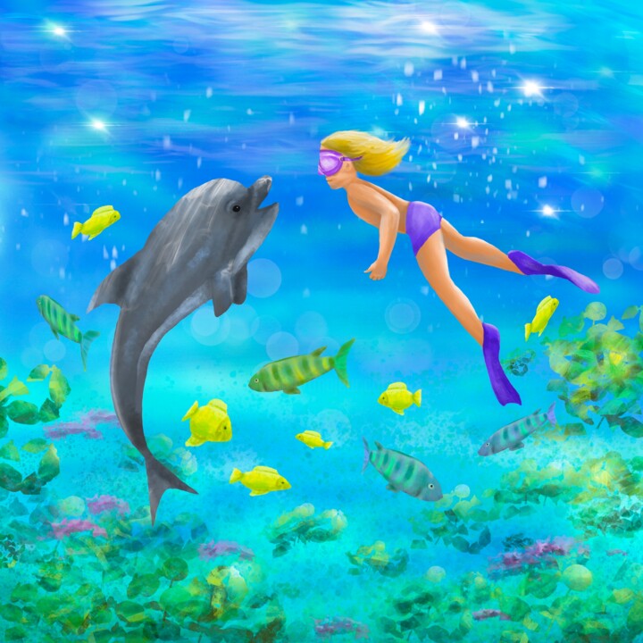 Digital Arts titled "Boy and dolphin.Dig…" by Tatiana Krilova, Original Artwork, Digital Painting