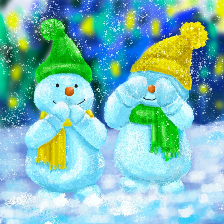Artes digitais intitulada "Couple of snowmen c…" por Tatiana Krilova, Obras de arte originais, Pintura digital