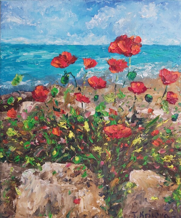 Painting titled "Poppies on the seas…" by Tatiana Krilova, Original Artwork, Oil