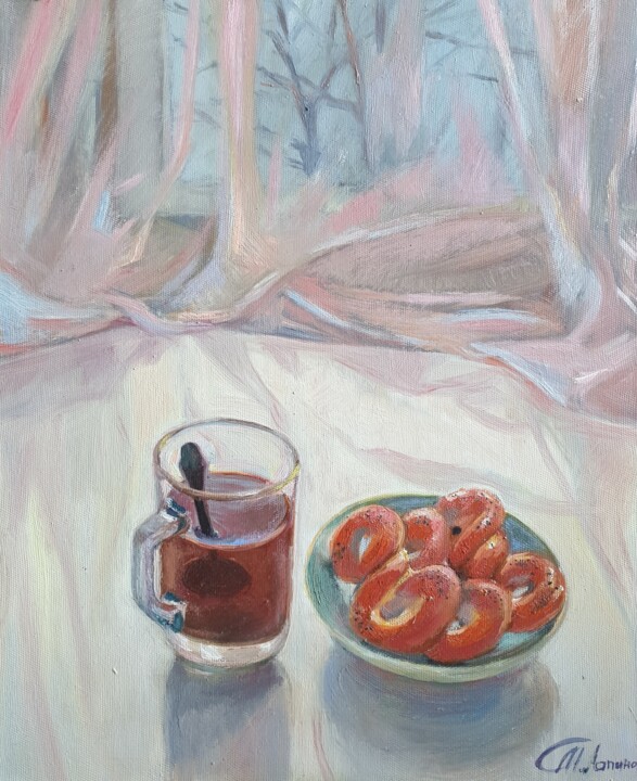 Malarstwo zatytułowany „"Cold Morning"” autorstwa Tatiana Lapina, Oryginalna praca, Olej Zamontowany na Drewniana rama noszy