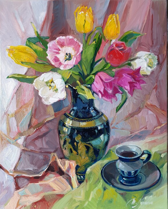 Painting titled ""Tulips"" by Tatiana Lapina, Original Artwork, Oil