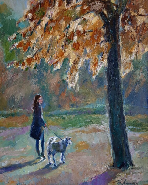 Painting titled ""Walking" Girl dog" by Tatiana Lapina, Original Artwork, Oil