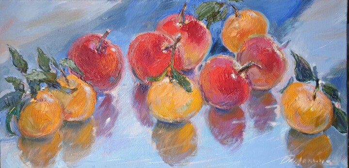Painting titled "Tangerines and appl…" by Tatiana Lapina, Original Artwork, Oil Mounted on Wood Stretcher frame