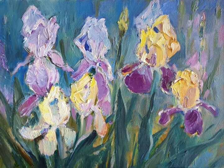 Картина под названием "Irises 2 - original…" - Tatiana Lapina, Подлинное произведение искусства, Масло Установлен на Деревян…