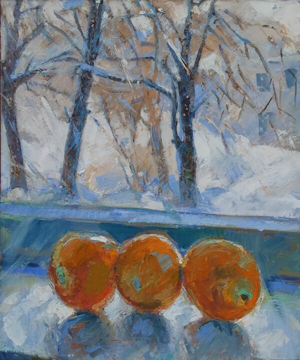 Painting titled "Three Oranges - Ita…" by Tatiana Lapina, Original Artwork, Oil Mounted on Wood Stretcher frame