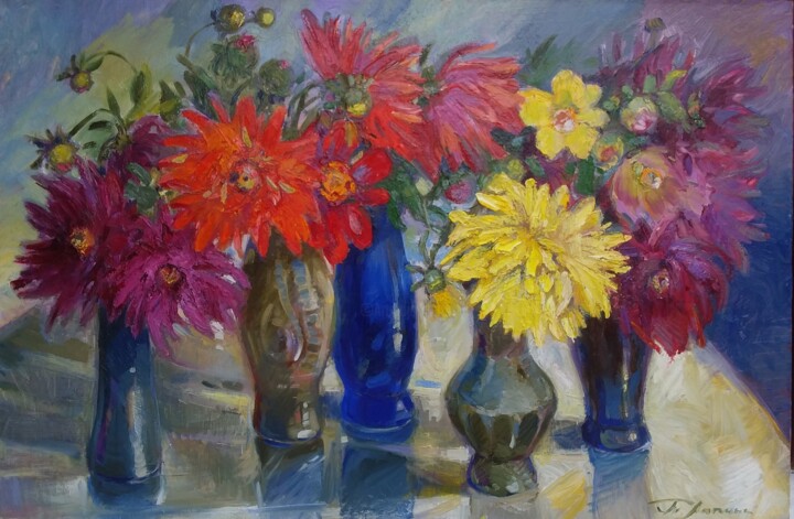 Painting titled "Dahlias" by Tatiana Lapina, Original Artwork, Oil Mounted on Wood Stretcher frame