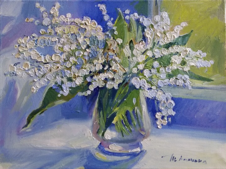 Painting titled "lilies of the valley" by Tatiana Lapina, Original Artwork, Oil Mounted on Wood Stretcher frame