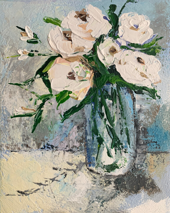Painting titled "White flowers in a…" by Tatiana Malinovscaia, Original Artwork, Acrylic Mounted on Wood Panel
