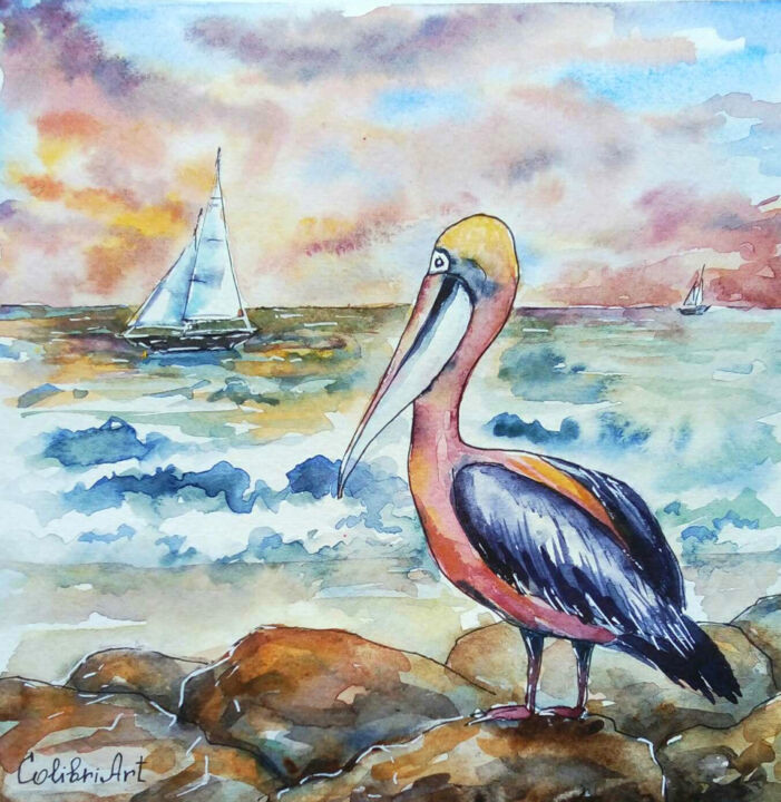 Painting titled "Pelican Painting Bi…" by Tatiana Matveeva, Original Artwork, Watercolor