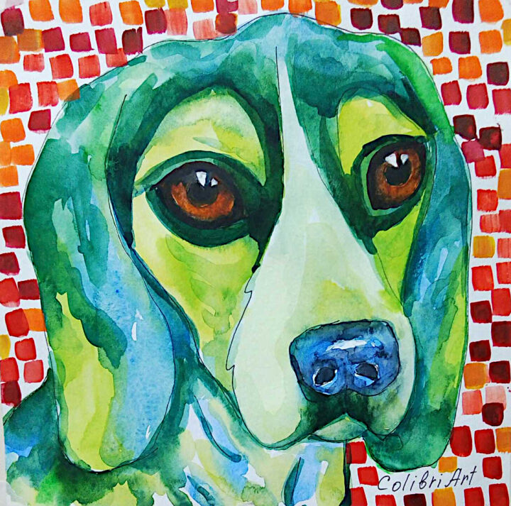 Pittura intitolato "Dog Painting Animal…" da Tatiana Matveeva, Opera d'arte originale, Acquarello
