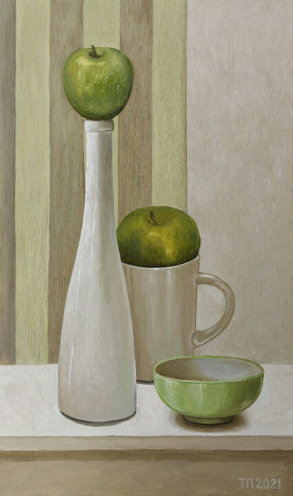 Картина под названием "Two green apples" - Tatiana Popova, Подлинное произведение искусства, Масло Установлен на Деревянная…