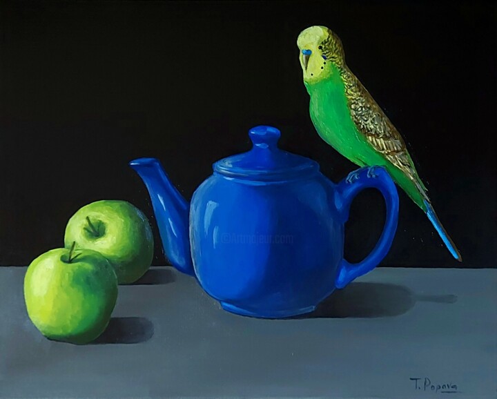 Картина под названием "Two green apples, a…" - Tatiana Popova, Подлинное произведение искусства, Масло