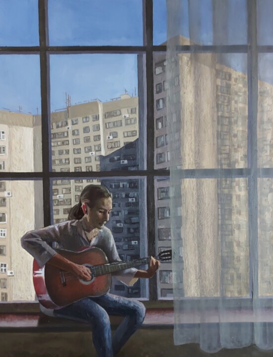 Peinture intitulée "City. Girl. Guitar." par Tatiana Popova, Œuvre d'art originale, Huile Monté sur Châssis en bois