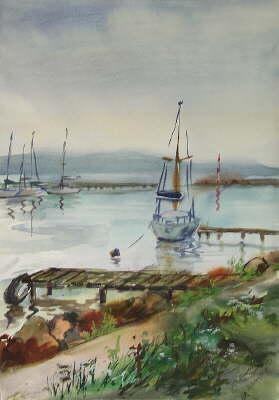 Painting titled "Yachts" by Tatiana Pouzanova-Galatch, Original Artwork, Watercolor