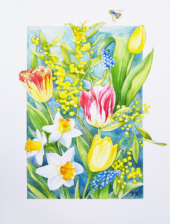 Картина под названием "Spring Flowers" - Tatiana Repesciuc, Подлинное произведение искусства, Акварель