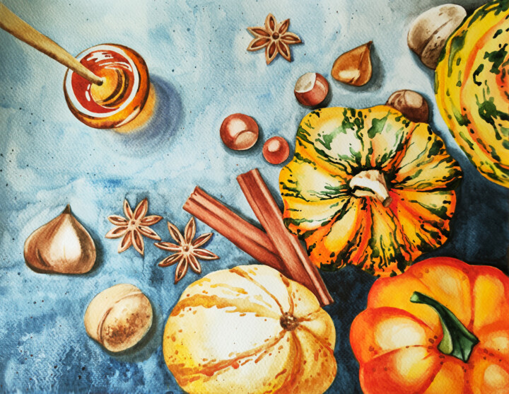 Painting titled "Pumpkins and spices" by Tatiana Repesciuc, Original Artwork, Watercolor